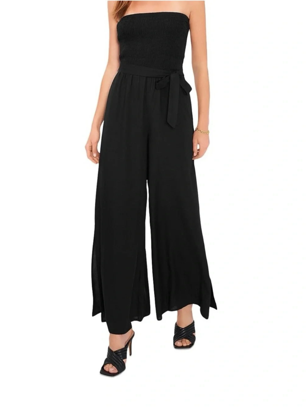 Vince Camuto Black Strapless Tie-Waist Jumpsuit with Knotted Hems - Picture 3 of 8